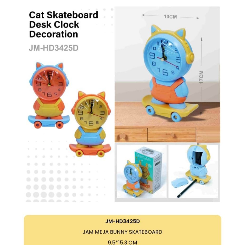 jam meja karakter/jam meja kucing/jam meja anak/jam meja kucing skateboard/jam alarm