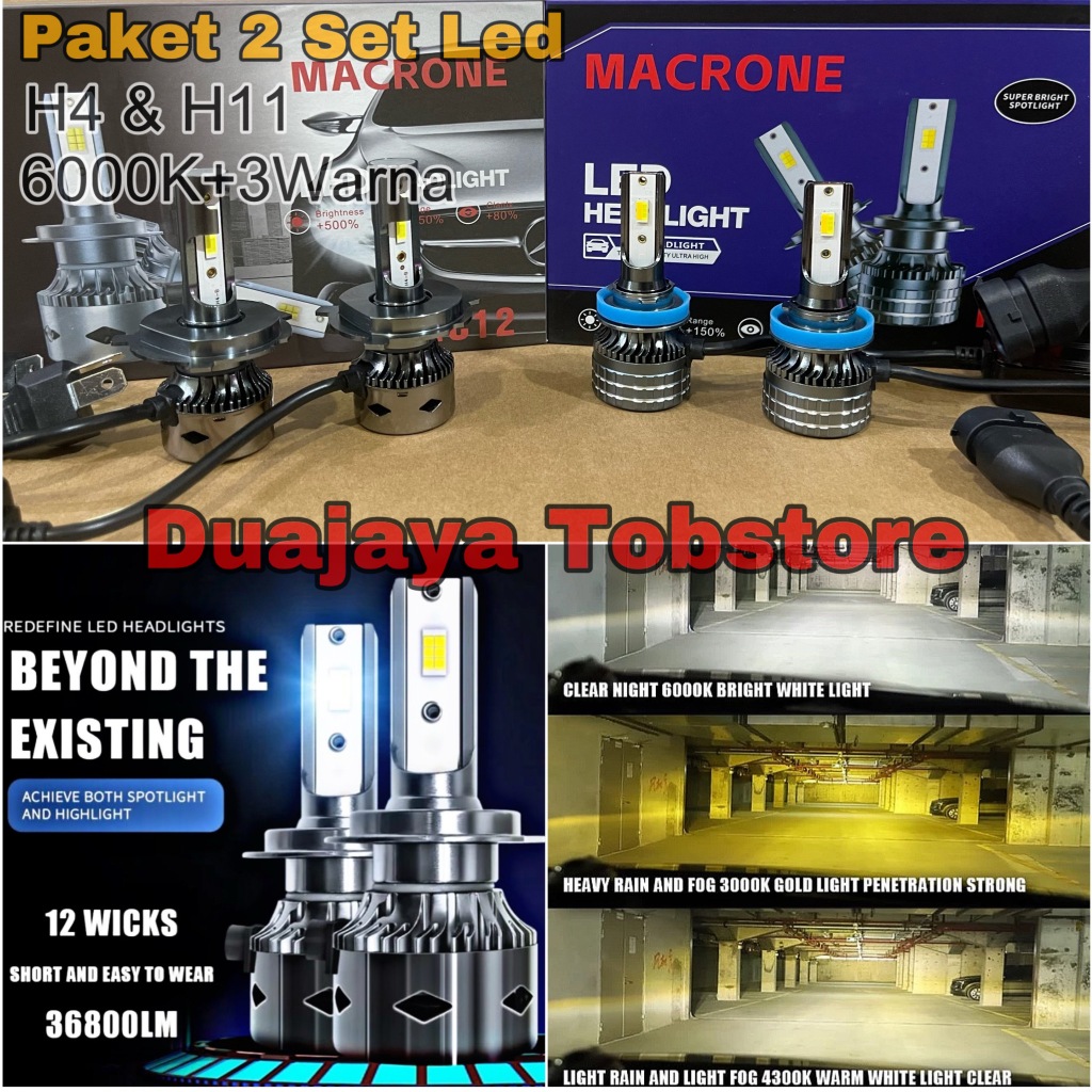 Paket Lampu Led Khusus Grandmax Headlamp 6000k Foglamp 3Warna Macrone Mc12 + Mc3 PNP