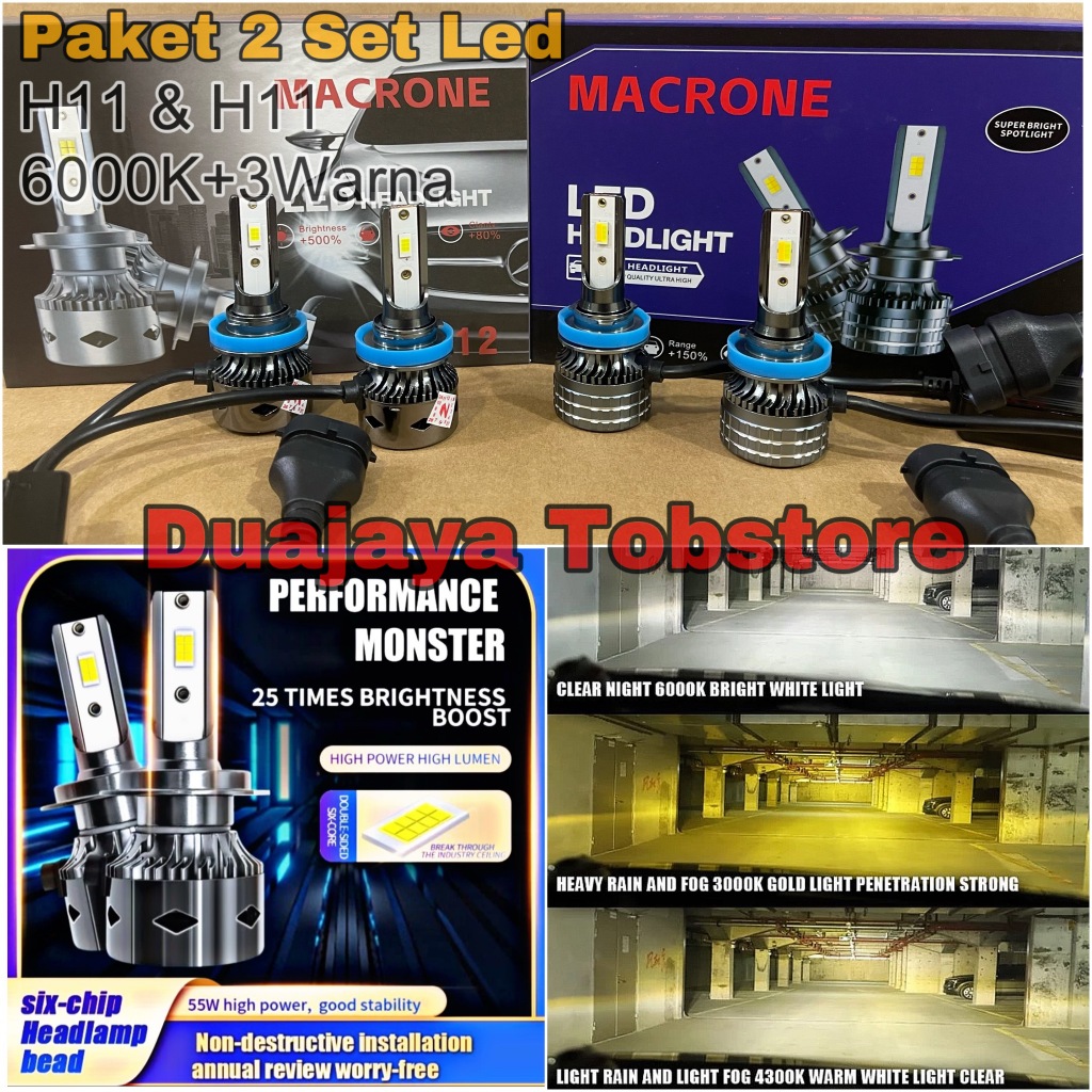 Paket Lampu Led Innova Reborn Headlamp Putih 6000K Foglamp 3Warna Macrone Mc12 + Mc3 Kabut Hujan PNP