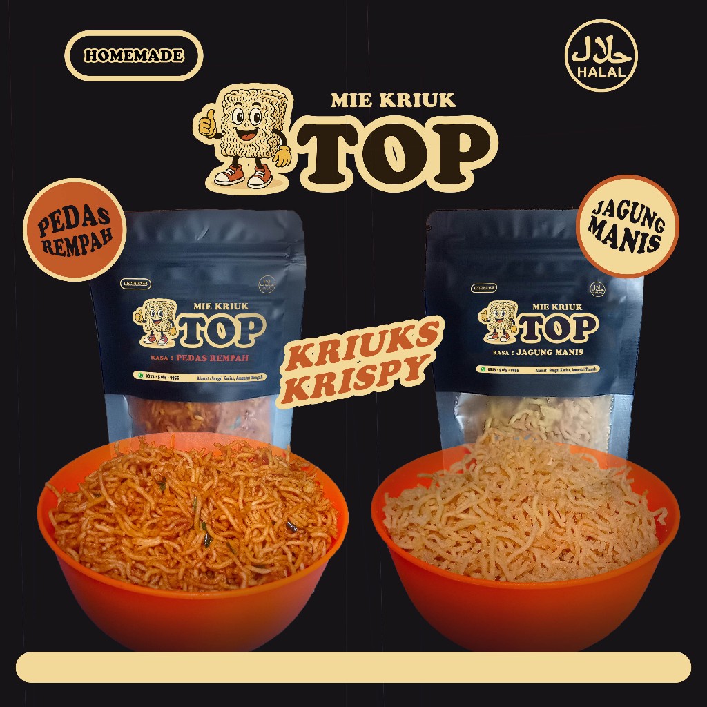 

Cemilan Mie Kriuk TOP Rasa Pedas Rempah dan Jagung Manis | Kerupuk Mie | Mie Kering | Mie Krispi