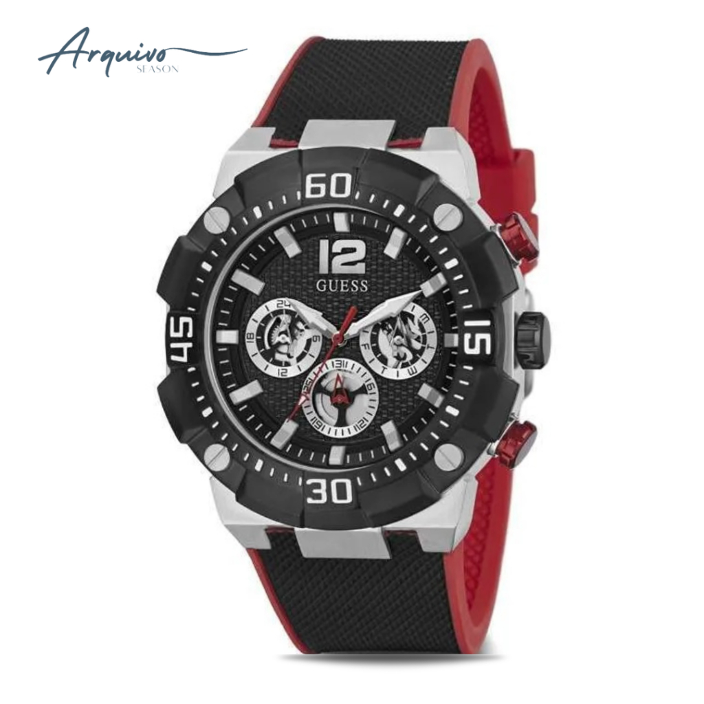 Jam Tangan Guess Pria Chronograph Rubber Black Red Sporty Casual Original GW0264G1
