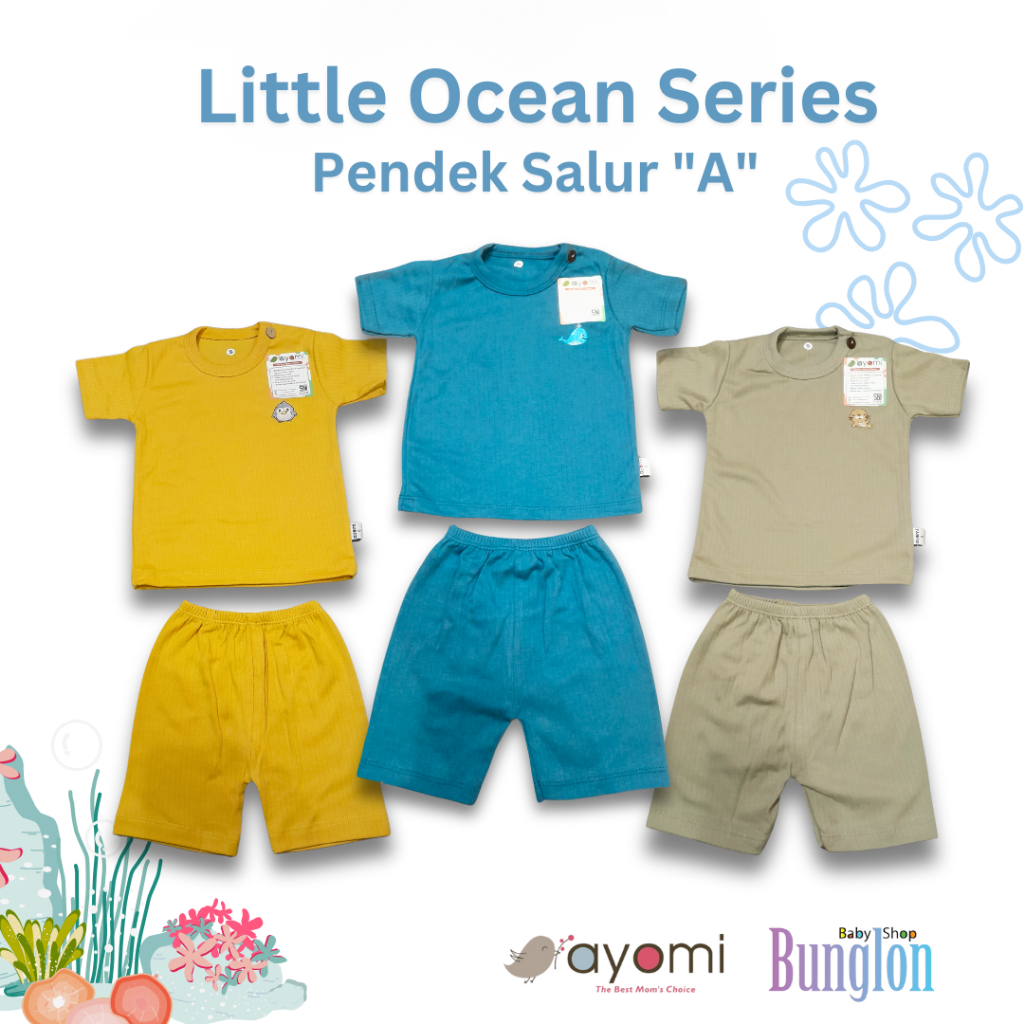 Setelan Pendek Bayi Ayomi Little Ocean Series | 3 Pasang Baju + Celana | Adem & Lucu