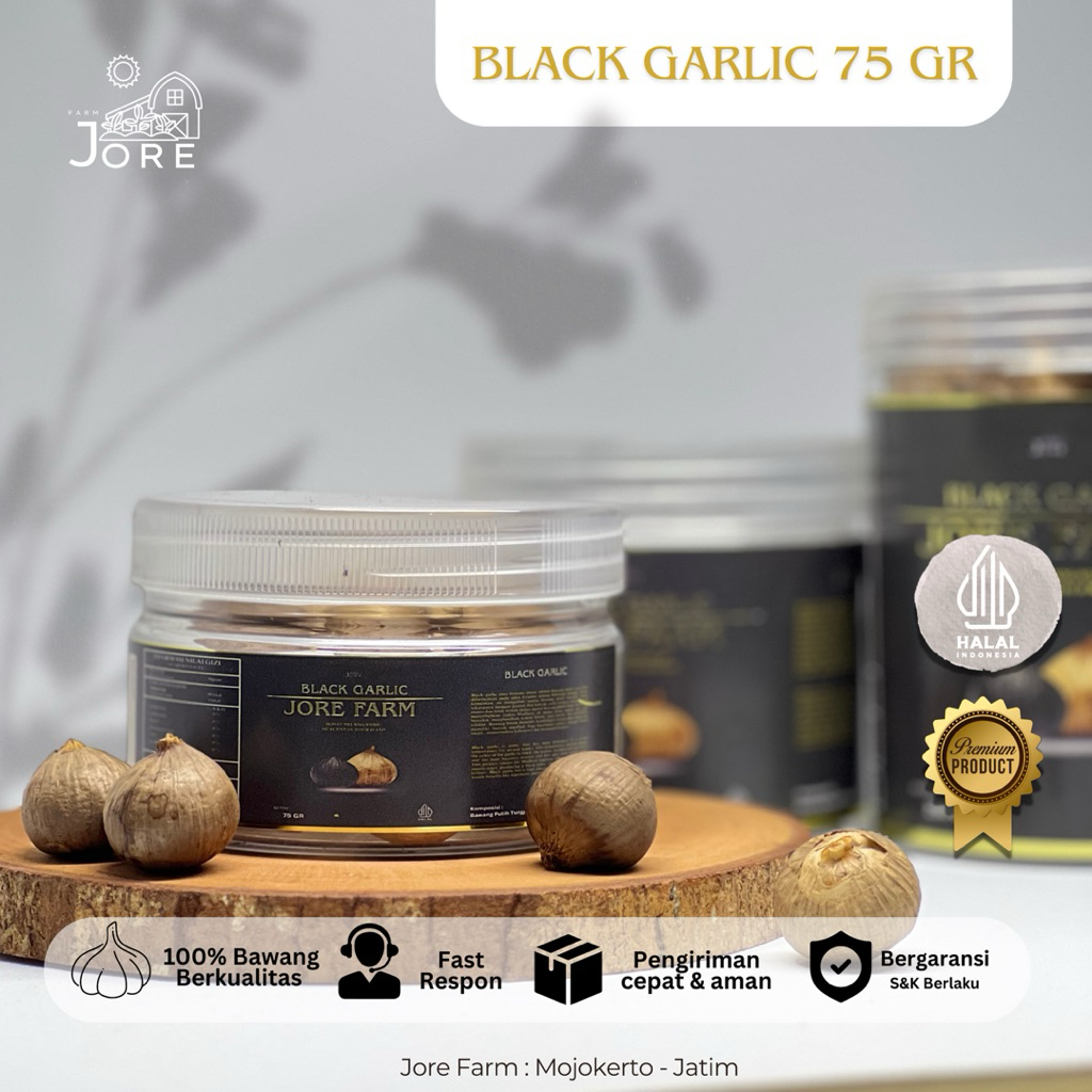 

Black Garlic Jore Farm Premium Quality 75 gr / Bawang Hitam Tunggal Fermentasi / Singular Black Garlic Clover Jore Farm