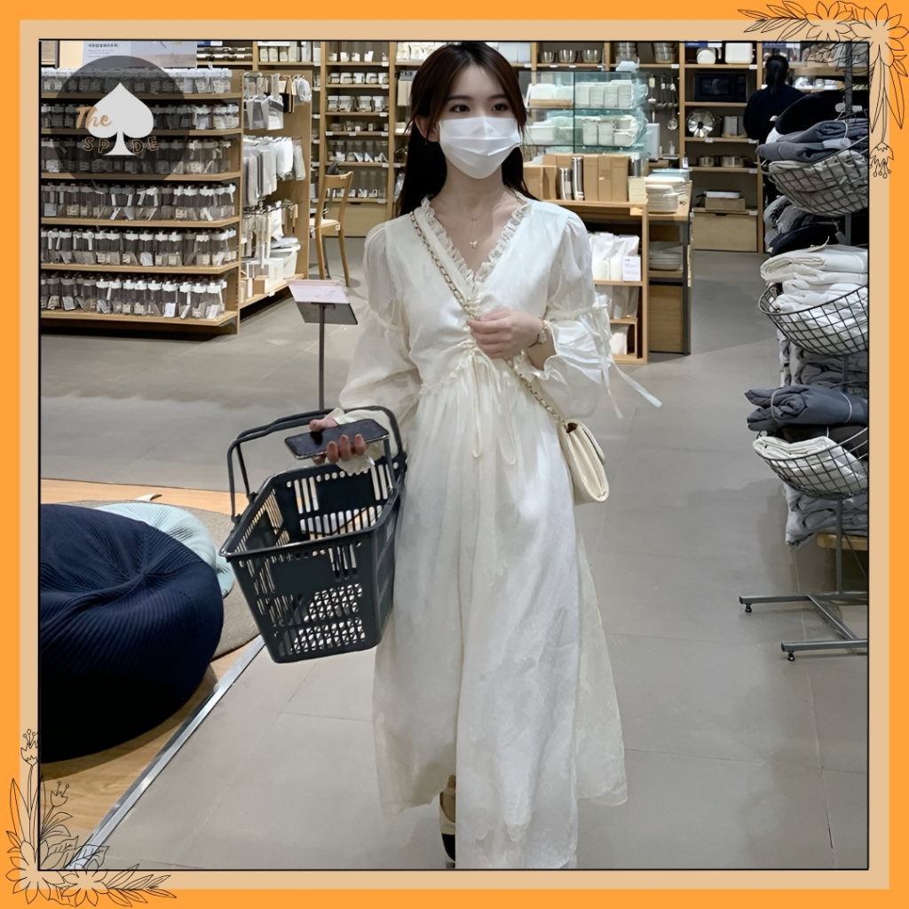 THESPADE Midi Dress Wanita Korea Vintage Putih Polos Lengan Panjang Elegan