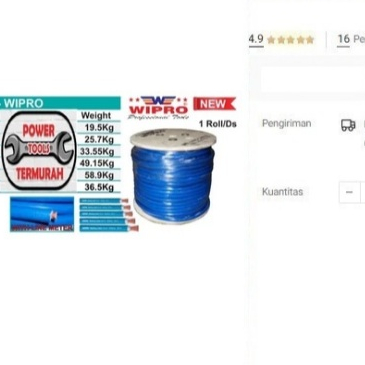 

Kabel Las 70mm WIPRO Full Tembaga CU Copper 70 mm Biru Welding Cable