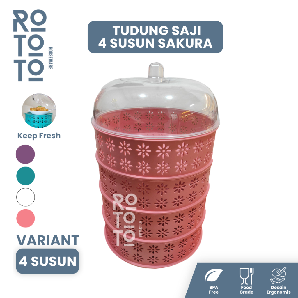 Rototo Tudung Saji Susun Tingkat Food Rack Storage Wadah Penyimpanan Sayur Makanan 4 Susun Pink