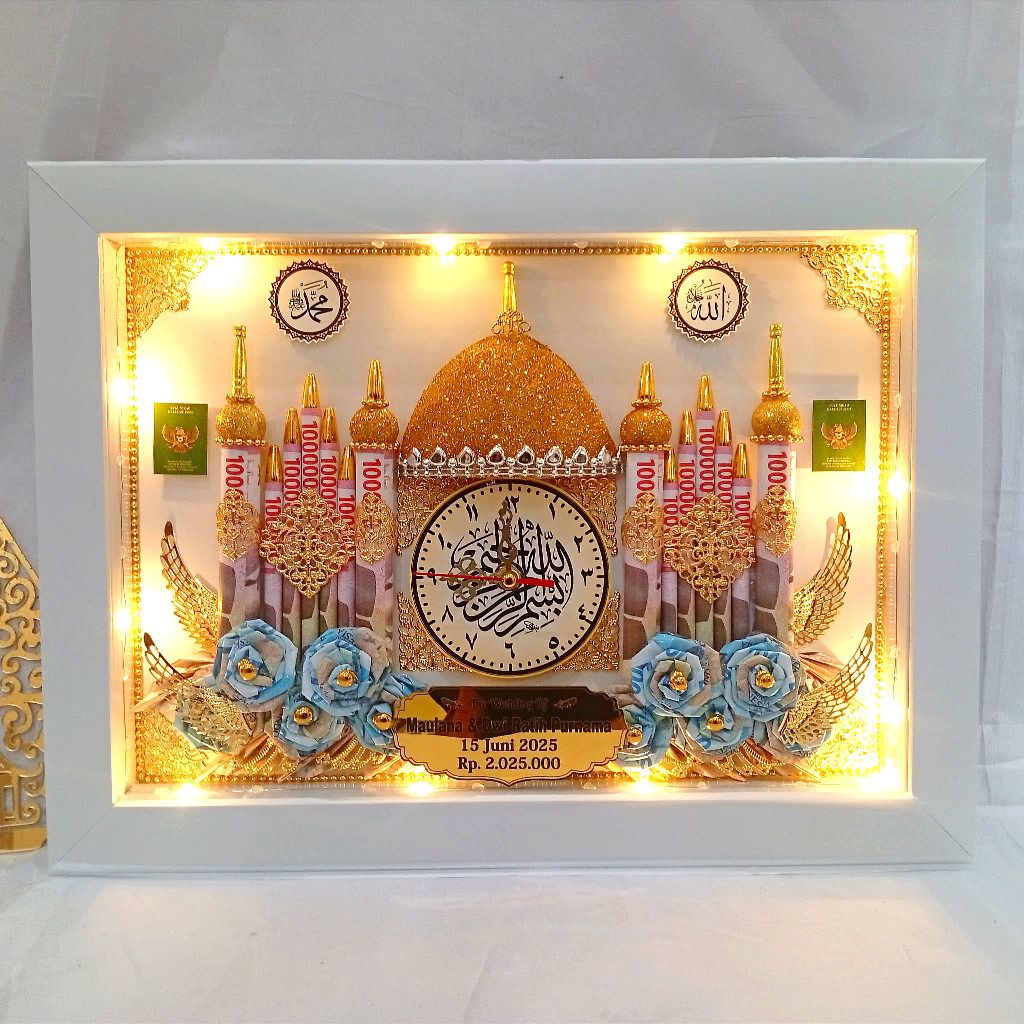Mahar Pernikahan Masjid / Bingkai Mahar Pernikahan Kubah Emas / Mahar Minimalis Free Lampu