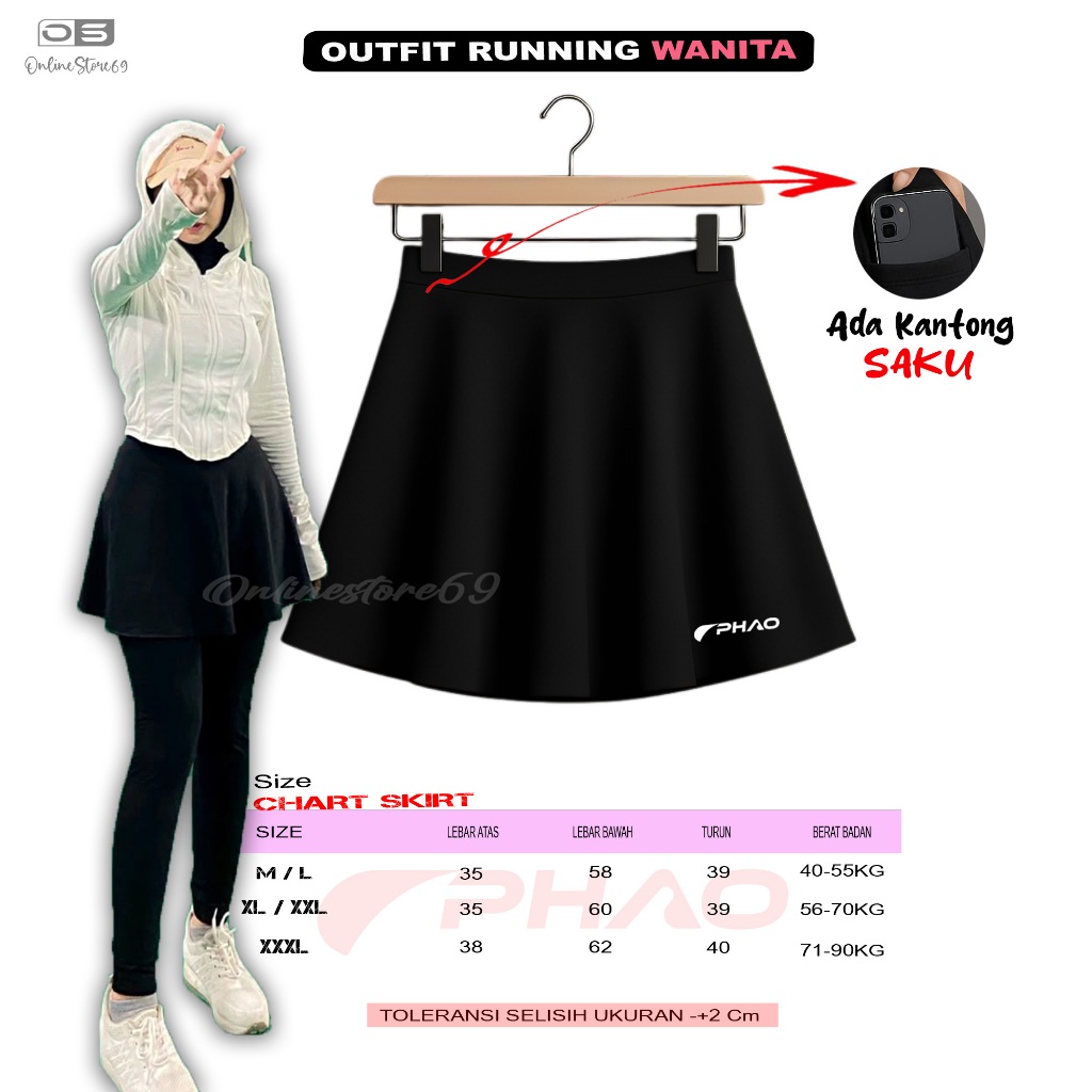 Rok running sport, Rok mini skirt sport , rok lapisan laging , rok olahraga senam