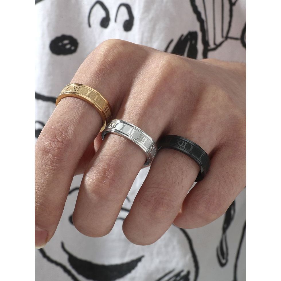 Cincin Titanium Pria Motif Romawi warna silver hitam dan gold ukuran 6 7 8 cincin keren pria