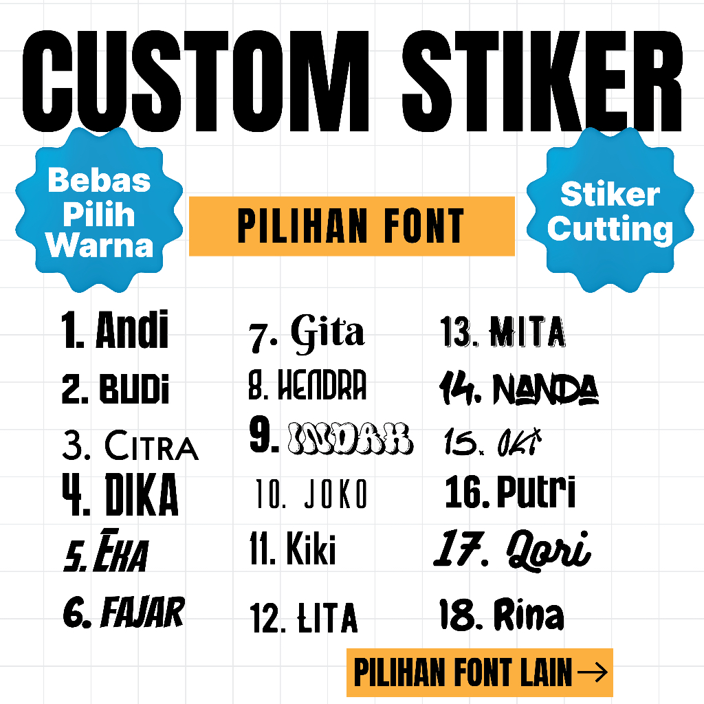 

Custom Cutting Stiker Nama DTF UV Sticker Label Motor Mobil Helm Laptop HP Tumbler Aneka Font