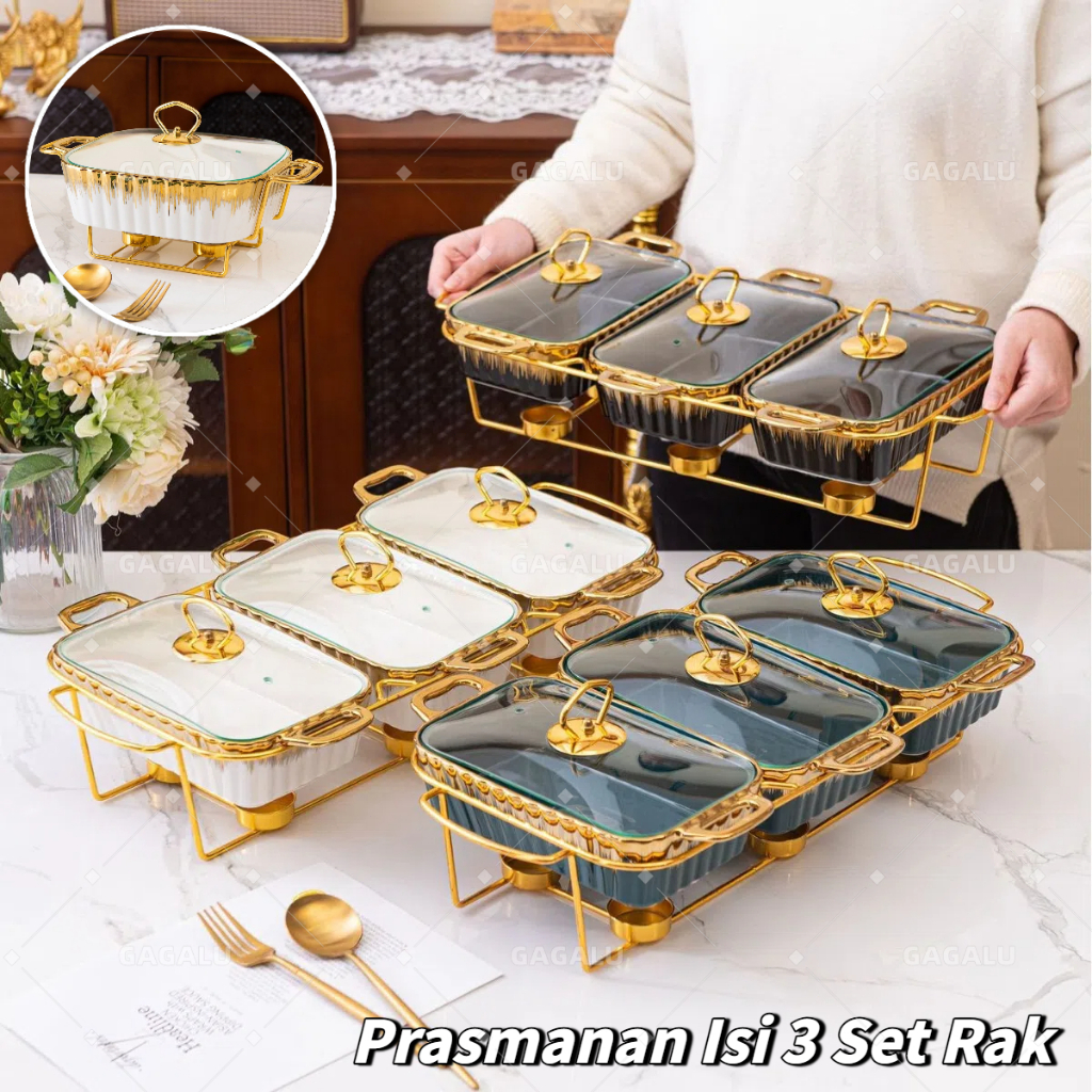 GAGALU Prasmanan Isi 3 Set Rak / Prasmanan Keramik Set Tebal Hitam Putih Gold Rak Besi Emas