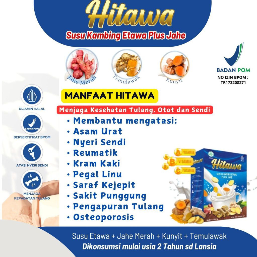 

Hitawa Susu Kambing Etawa Jahe Temulawak Kunyit – Rematik, Nyeri Sendi, Asam Urat, Saraf Kejepit 200 gram