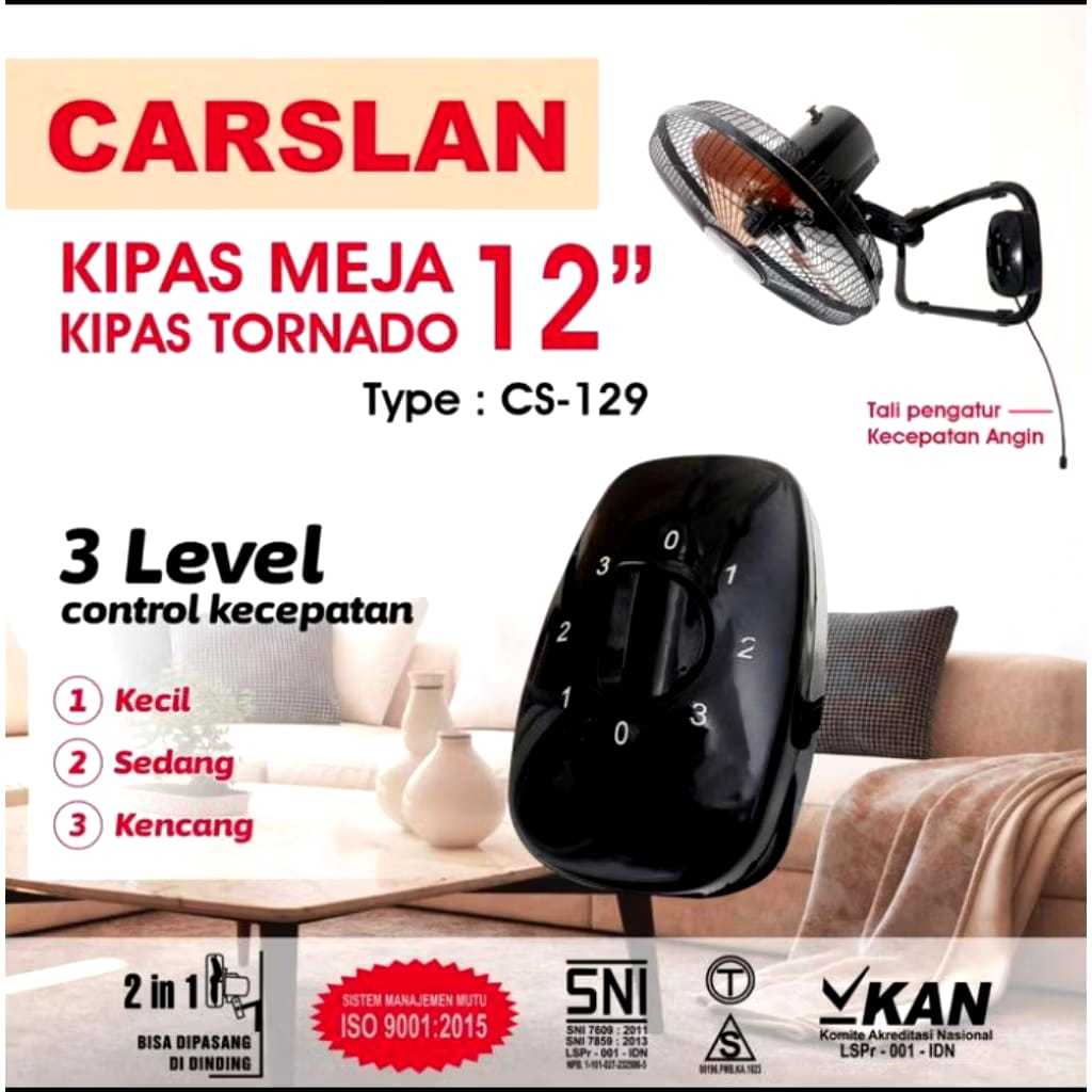 KIPAS Carslan CS-129 Kipas Angin Meja Dinding Tornado 12 Inch 2in1 Baling Besi / Leher Kipas Angin S
