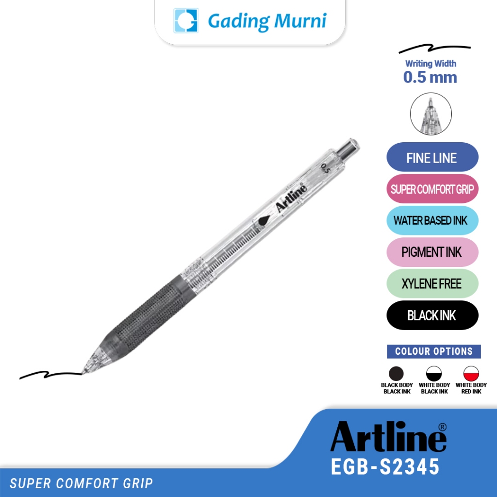 

Ballpoint Artline Gel Inked Roller Ball 0.5 mm EGB-S2345 / Retractable Pen with Super Comfort Grip Black / Red Ink