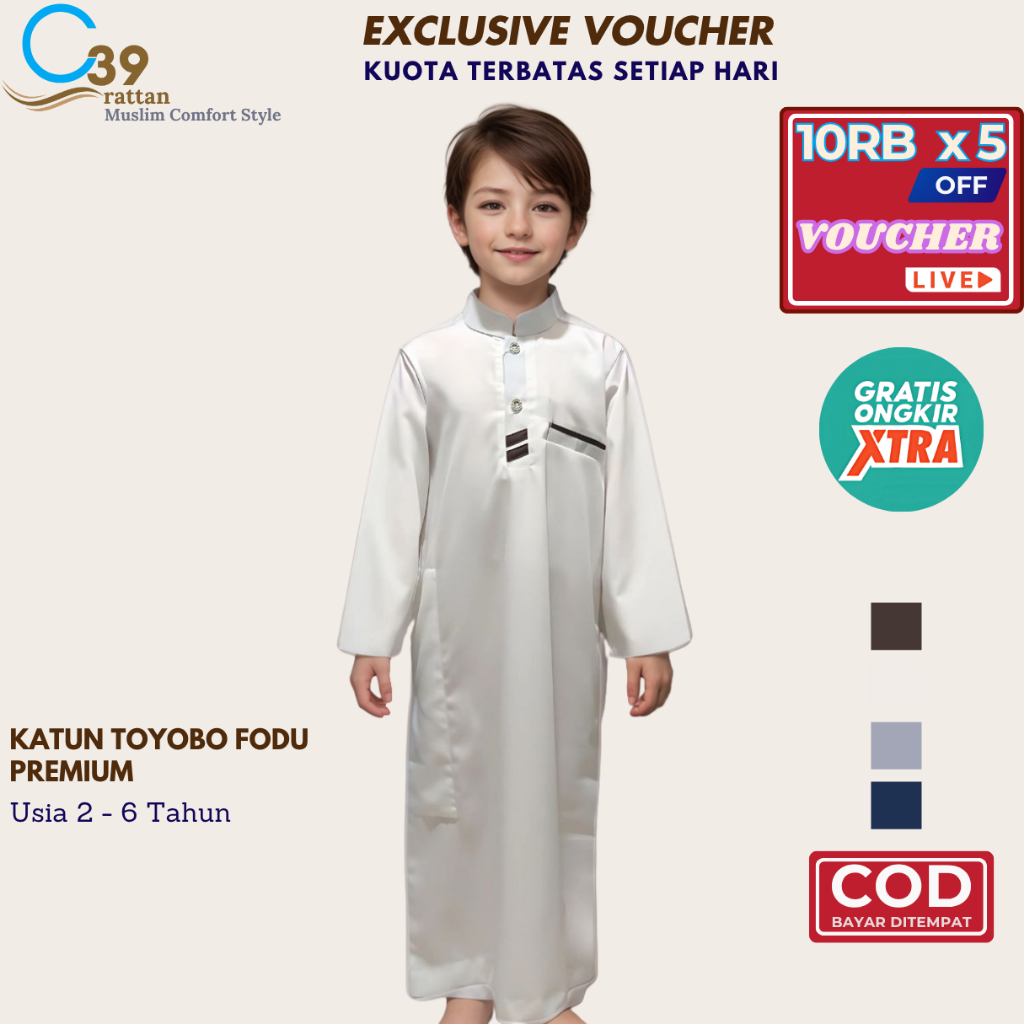 Jubah Anak Laki-Laki 2-6 Tahun | Gamis Anak Laki-Laki  | Thobe Anak Lengan Panjang Premium YUDRA