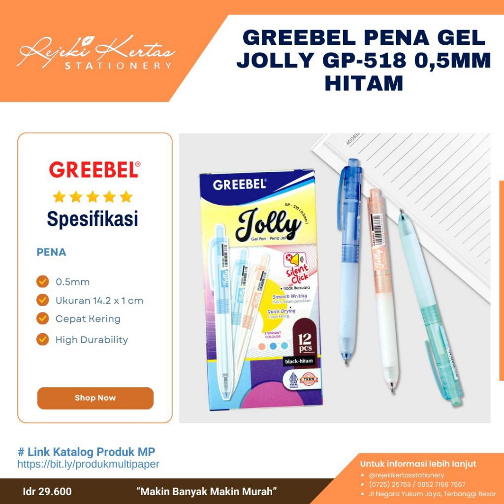 

Greebel Pena Gel Jolly GP-518 0.5 mm Warna Hitam 1 Pak