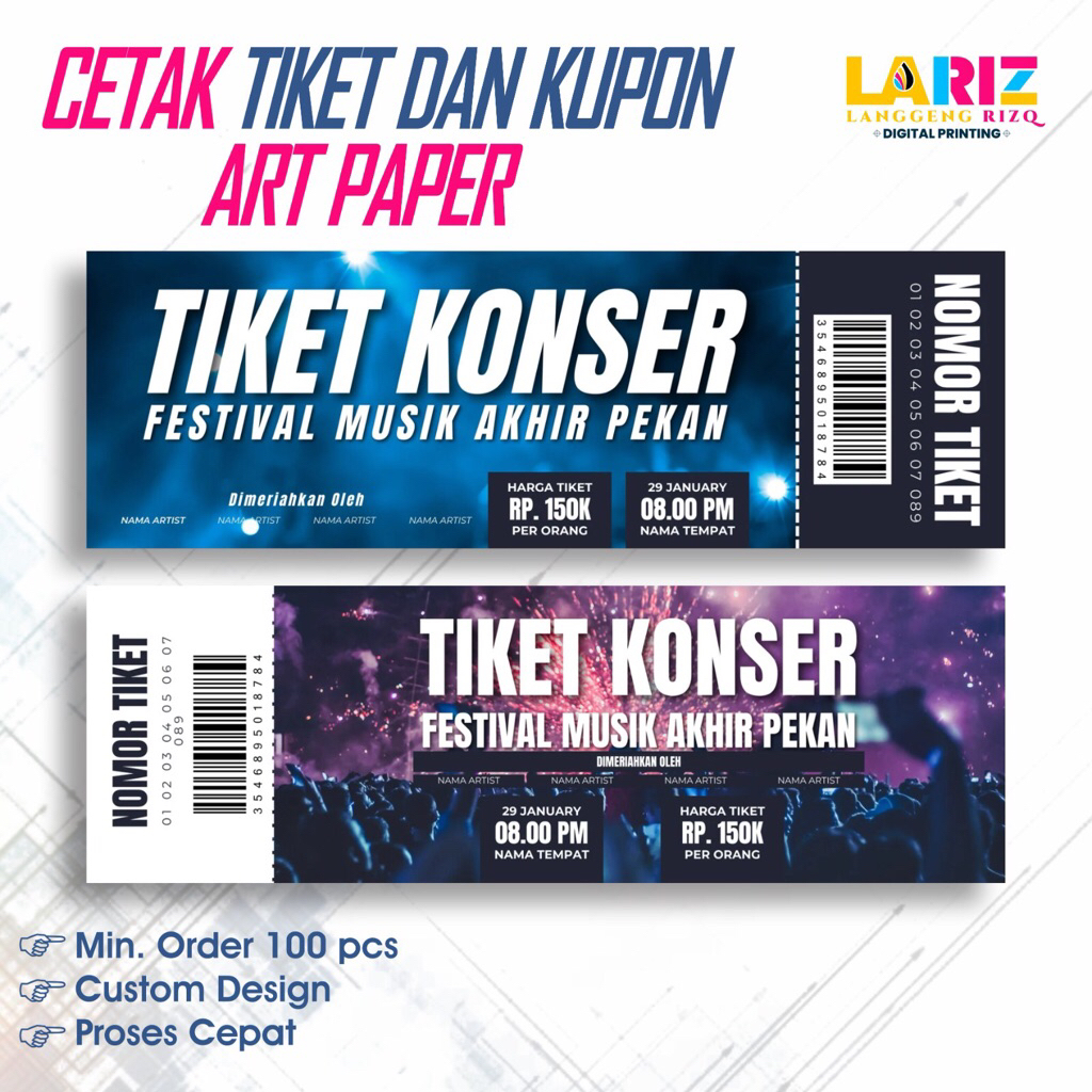 Cetak tiket kupon voucher bahan art paper