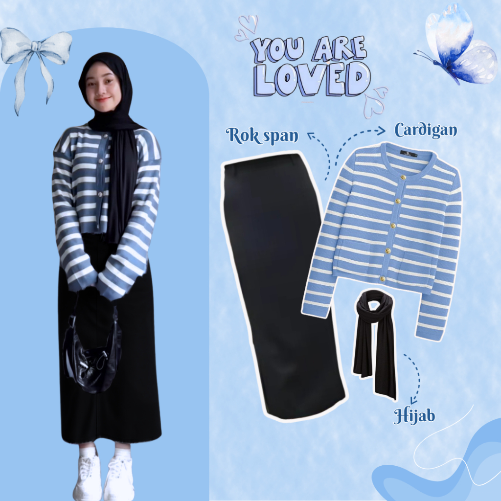 Simple Outfit - One set 3 in 1 - OOTD ( Cardigan strip rajut + rok span + hijab pashmina ) UD11