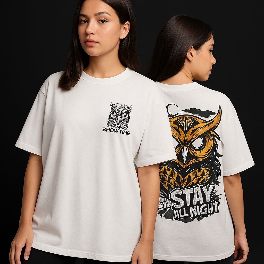 Kaos Oversize Pria/Wanita - Desain Owl "SHOWTIME | STAY ALL NIGHT"