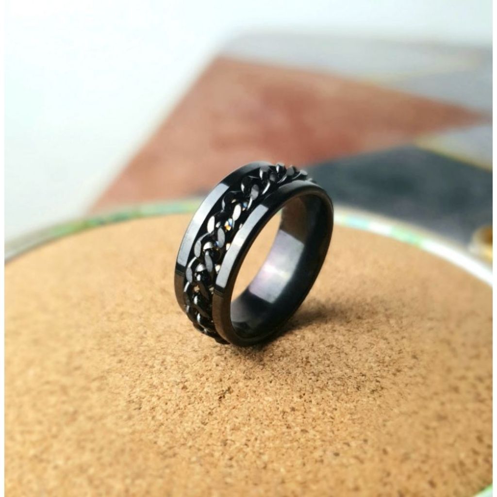 cincin ring hitam motif rantai keren tebal rantay macho cincin titanium ring pria