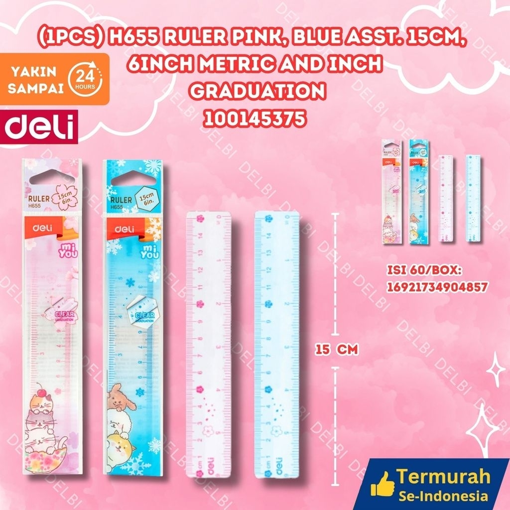 

(1PCS) H655 Ruler PINK, BLUE ASST. 15cm, 6Inch Metric and inch graduation DELI PENGGARIS PINK 15CM BX60