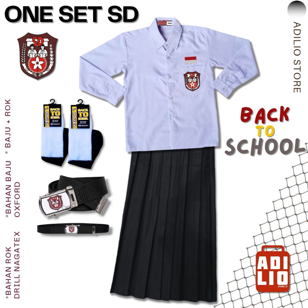 SETELAN SERAGAM SEKOLAH SD ANAK PEREMPUAN BAJU SD PUTIH PANJANG ROK HITAM PANJANG