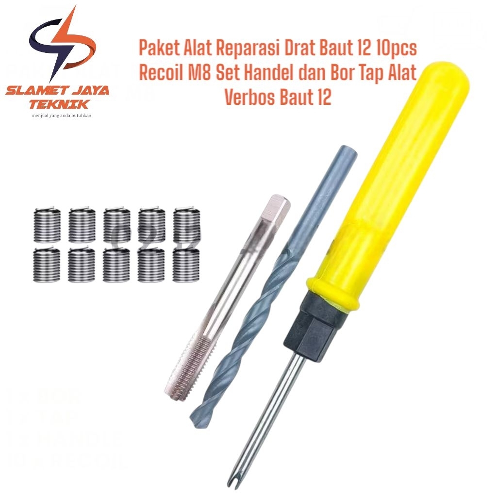Paket Alat Reparasi Drat Baut 12 10pcs Recoil M8 Set Handel dan Bor Tap Alat Verbos Baut 12
