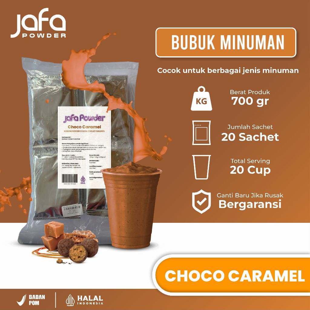 

Jafa Powder - Bubuk Minuman Rasa Coklat Choco Caramel 700 Gram-Bubuk Minuman Rasa Cokelat Halal BPOM