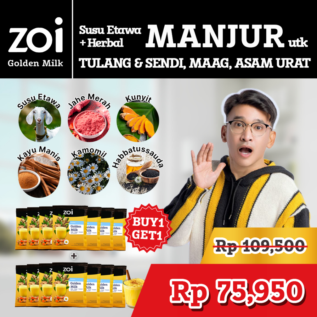 

BELI Paket 7 SACHET Dapat 14 SACHET RUBEN x ZOI Golden Milk. Susu Herbal Susu Sehat Susu Kambing, Jahe dan Kunyit