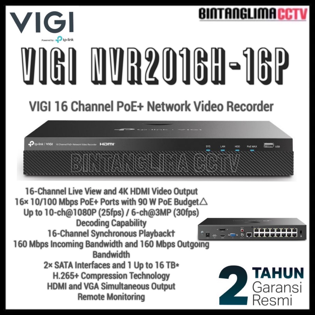 VIGI NVR2016H-16P - TP-LINK NVR 16 CHANNEL + POE