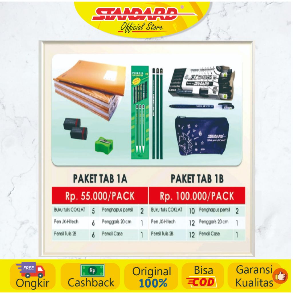 

Standard - Paket TAB 1A / 1B ( Alat Tulis, Buku, Pensil, Pulpen, Penghapus, Rautan, Penggaris, Pencase )