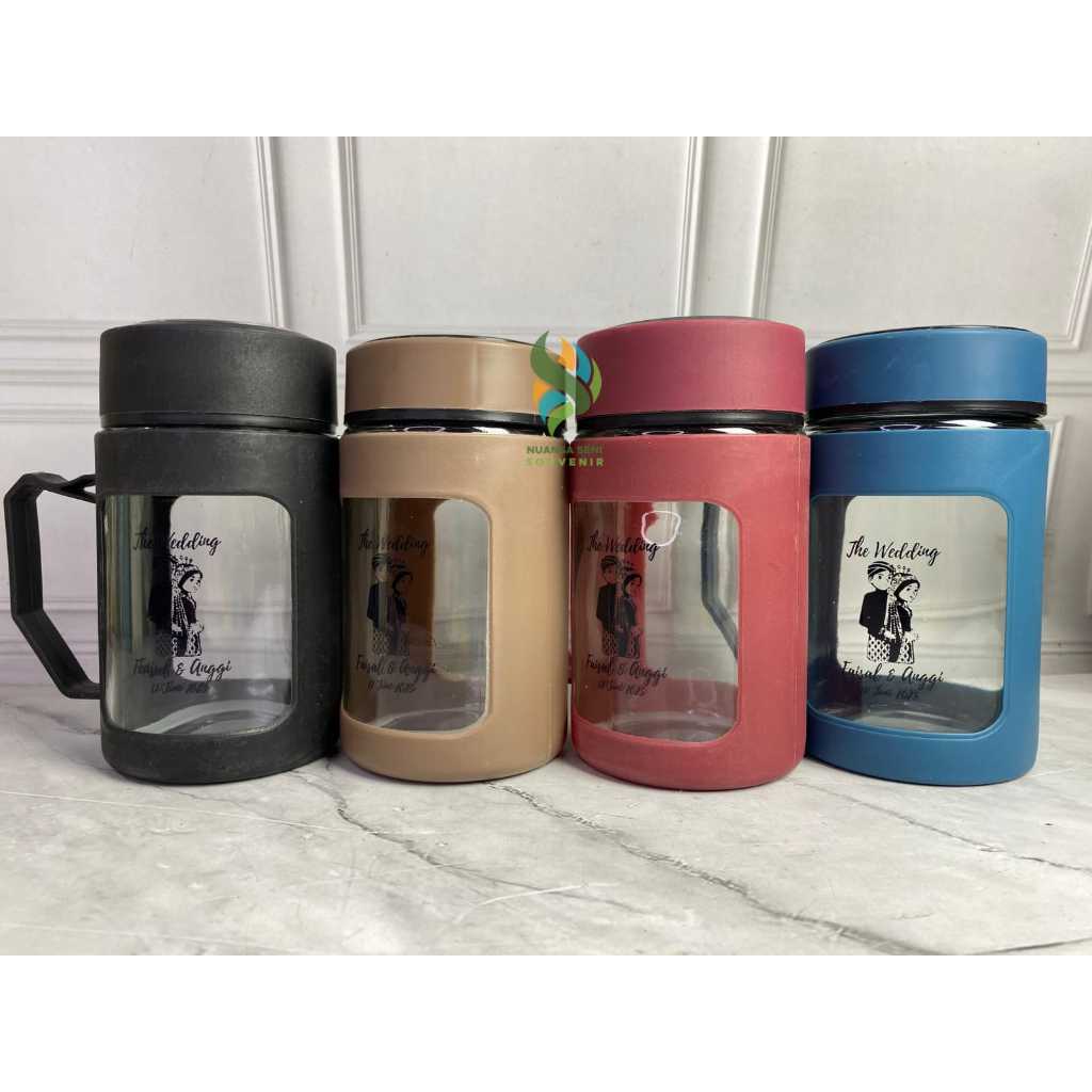 Souvenir Gelas Ganteng Mug Jar Kaca Gagang Tutup Plastik Tumbler Minum Custom Sablon