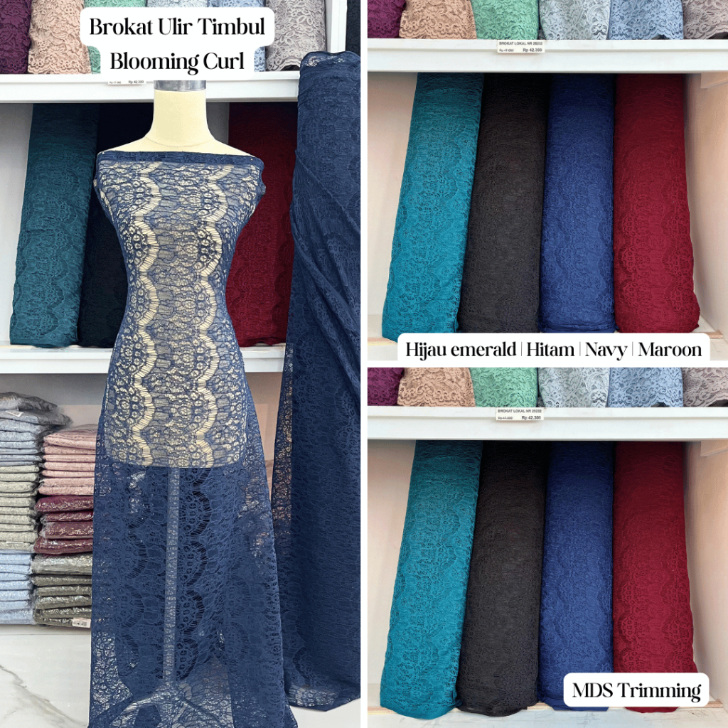 Brokat Ulir Timbul Motif Bunga Ornament Blooming Curl MDS Trimming | Kain Lace Kebaya Halus Lembut