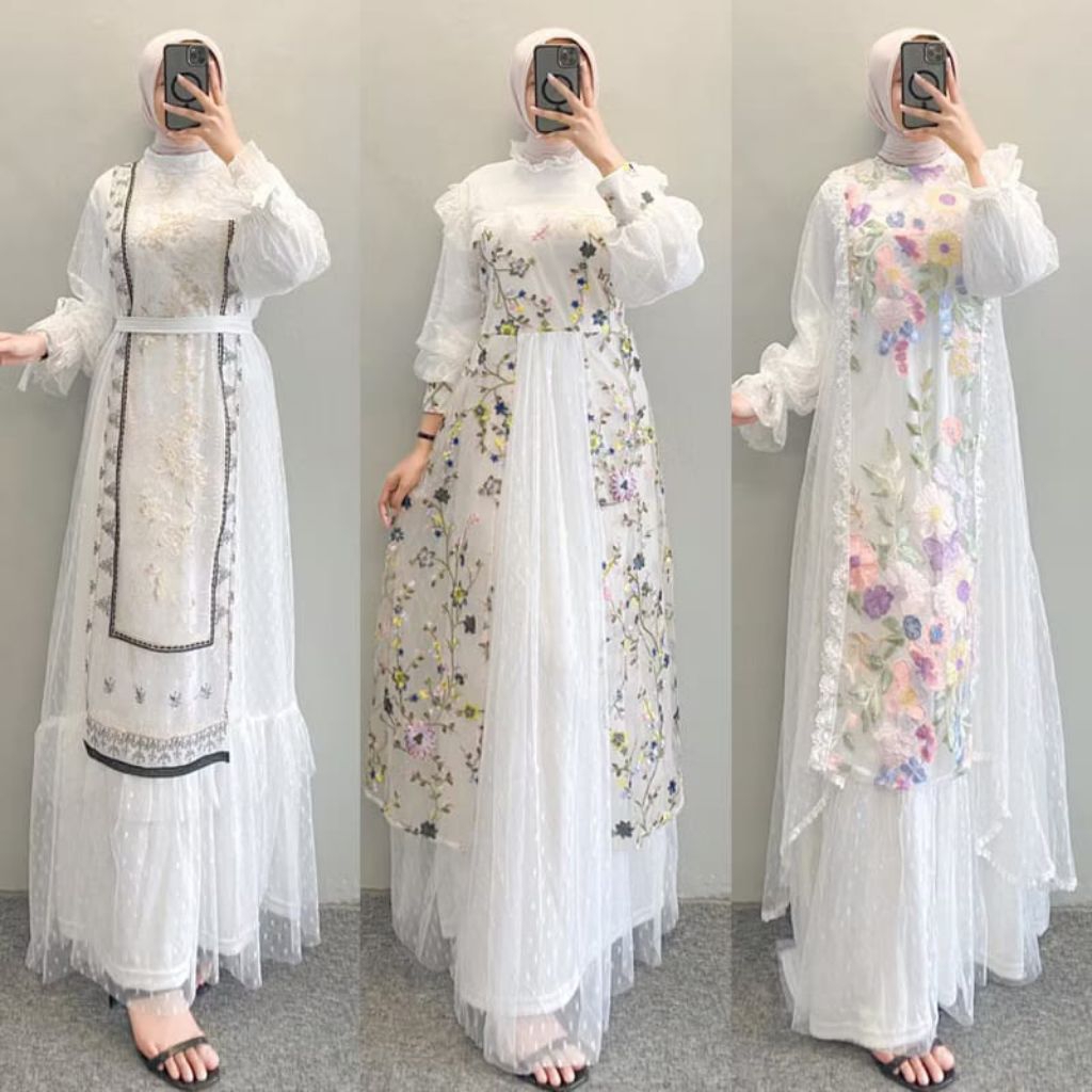 dres gamis brokat tile putih