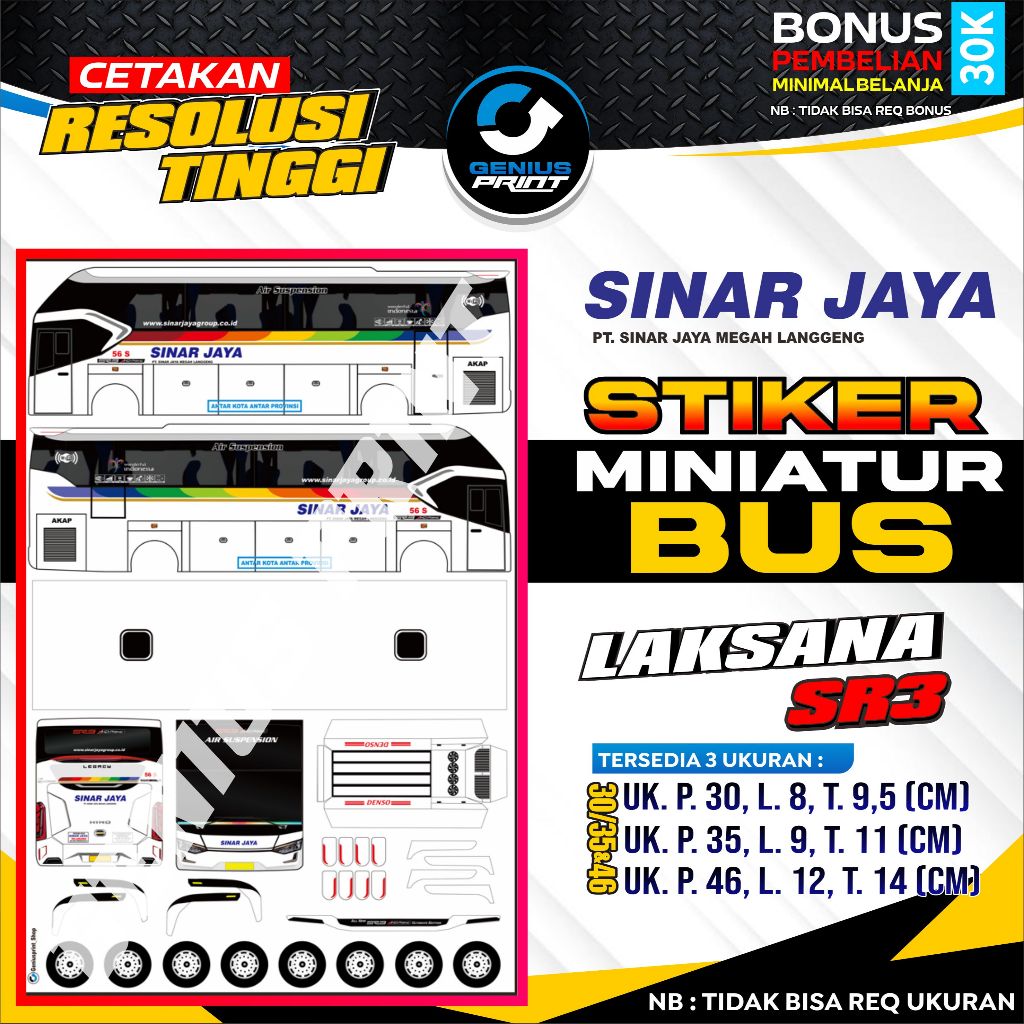 Stiker Mainan Miniatur Bus [ SR3 Laksana ] Livery Sinar Jaya | Agra Mas | Eka | Dewi Sri | STJ Draka