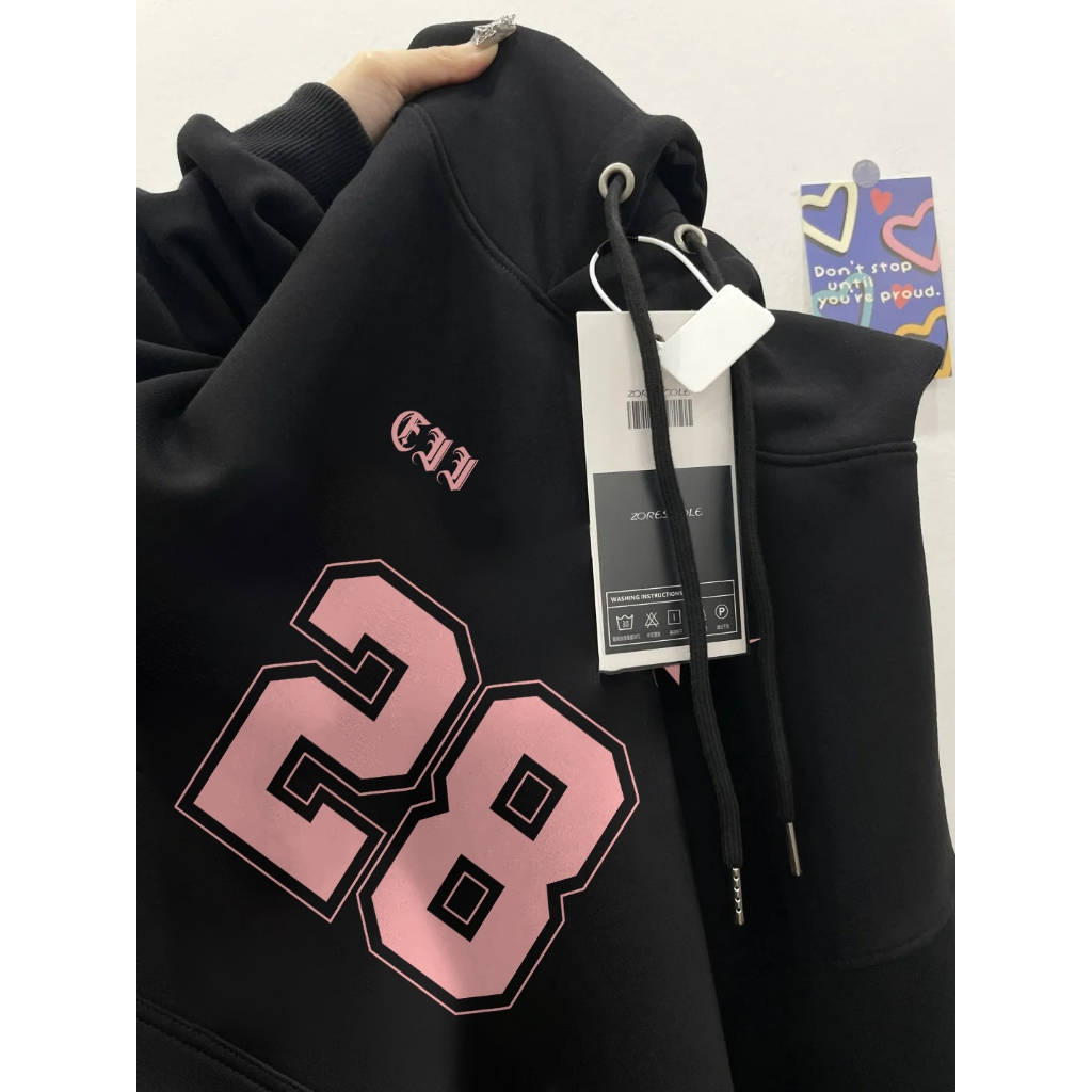 Forteid  Hoodie Sweater Wanita Oversize Cetakan angka merah muda 28 baju club Korean Style Baju Wani