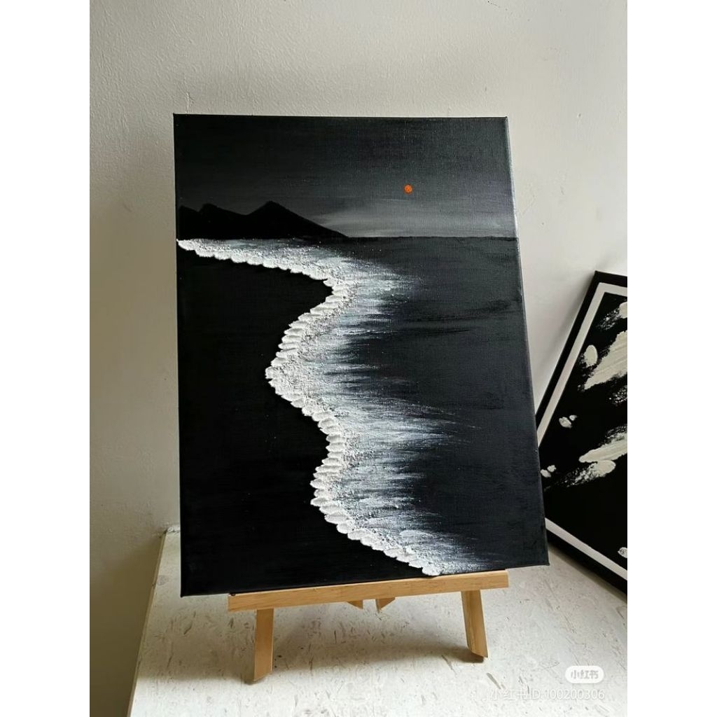 Lukisan kanvas minimalis tekstur timbul pantai hitam putih aesthetic