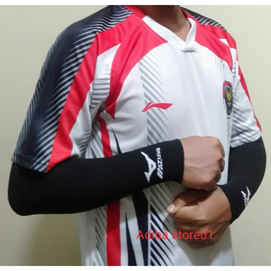 Manset Tangan panjang motif Mizuno Hanshok sambungan Baju Olahraga Warna HitamPolos Bahan nylon alas