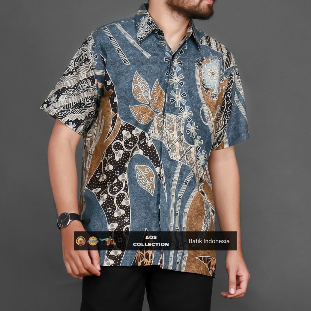 kemeja batik pria lapis furing lengan pendek batik pria ekslusive Cakra Abu