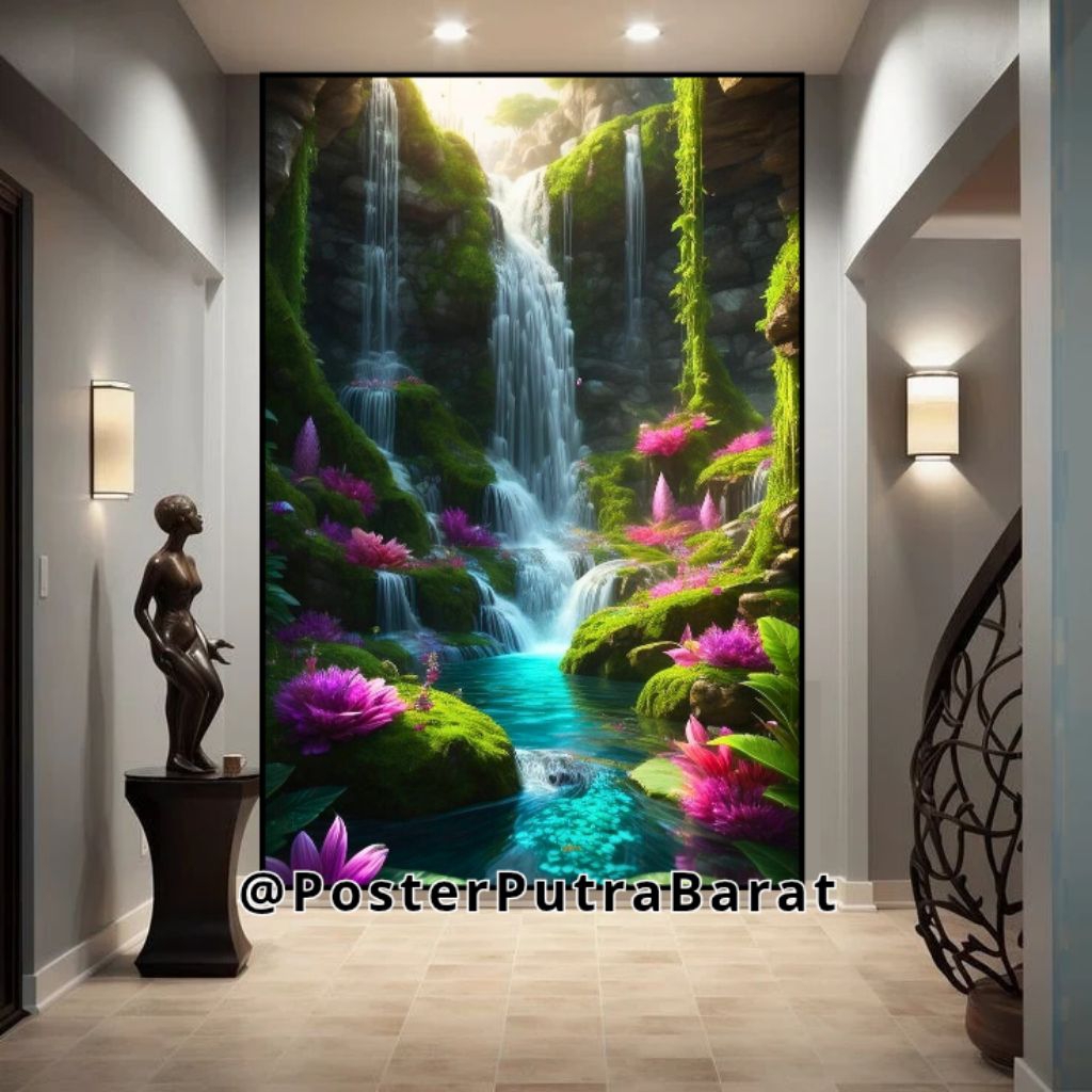 Poster Cetak Hiasan Dinding Jumbo Gambar Pemandangan Air Terjun Hutan Bunga Indah Uk 70 X 100 Cm, Ta