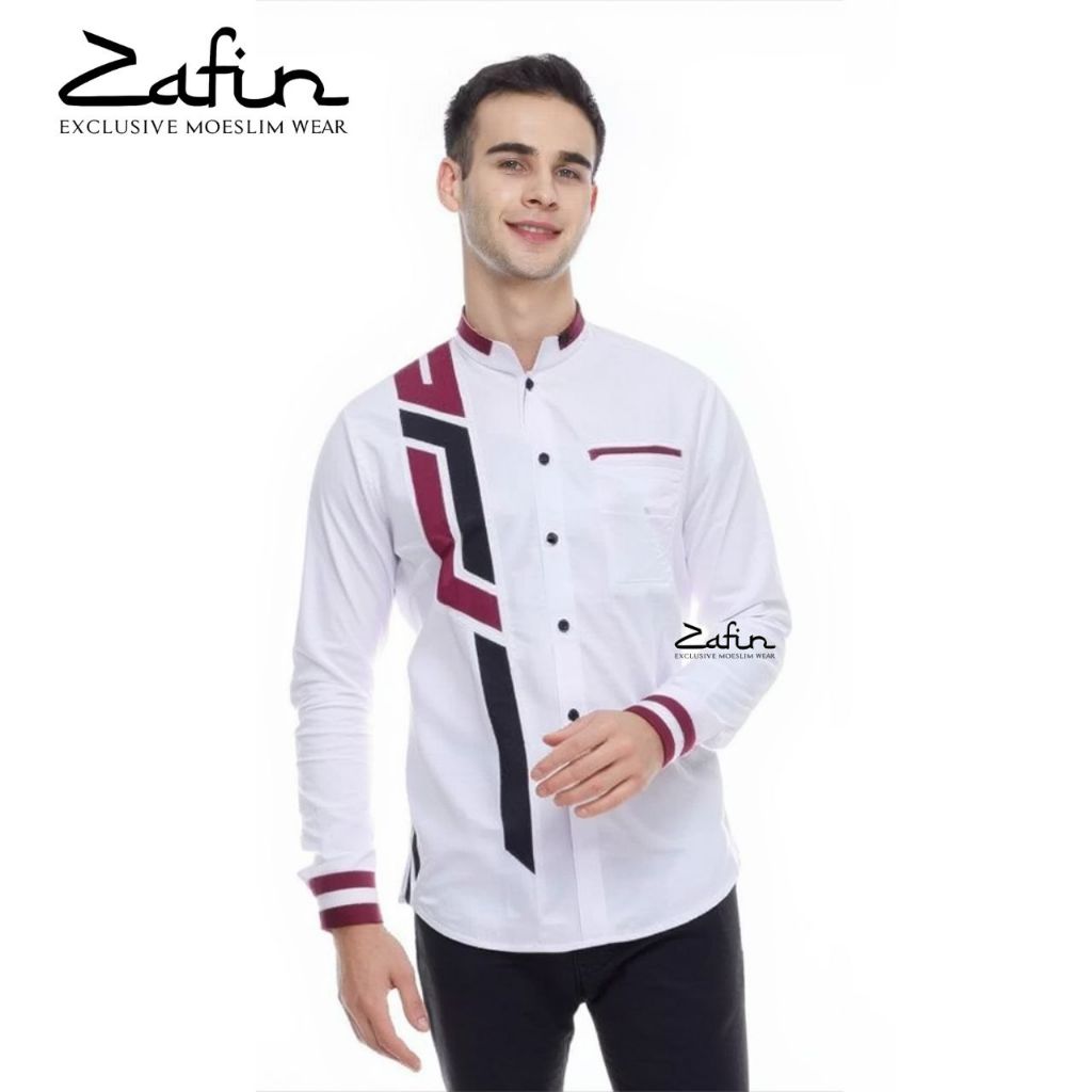 Zafin - Baju Koko Pria Hadroh Kombinasi Motif Sinergi Lengan Panjang Warna Putih S-XXL Katun Toyobo