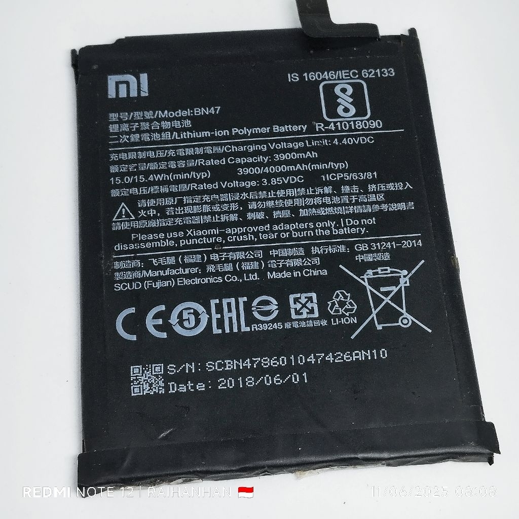Baterai Xiaomi Redmi 6 Pro/Mi A2 Lite [BN-47] ORI minus