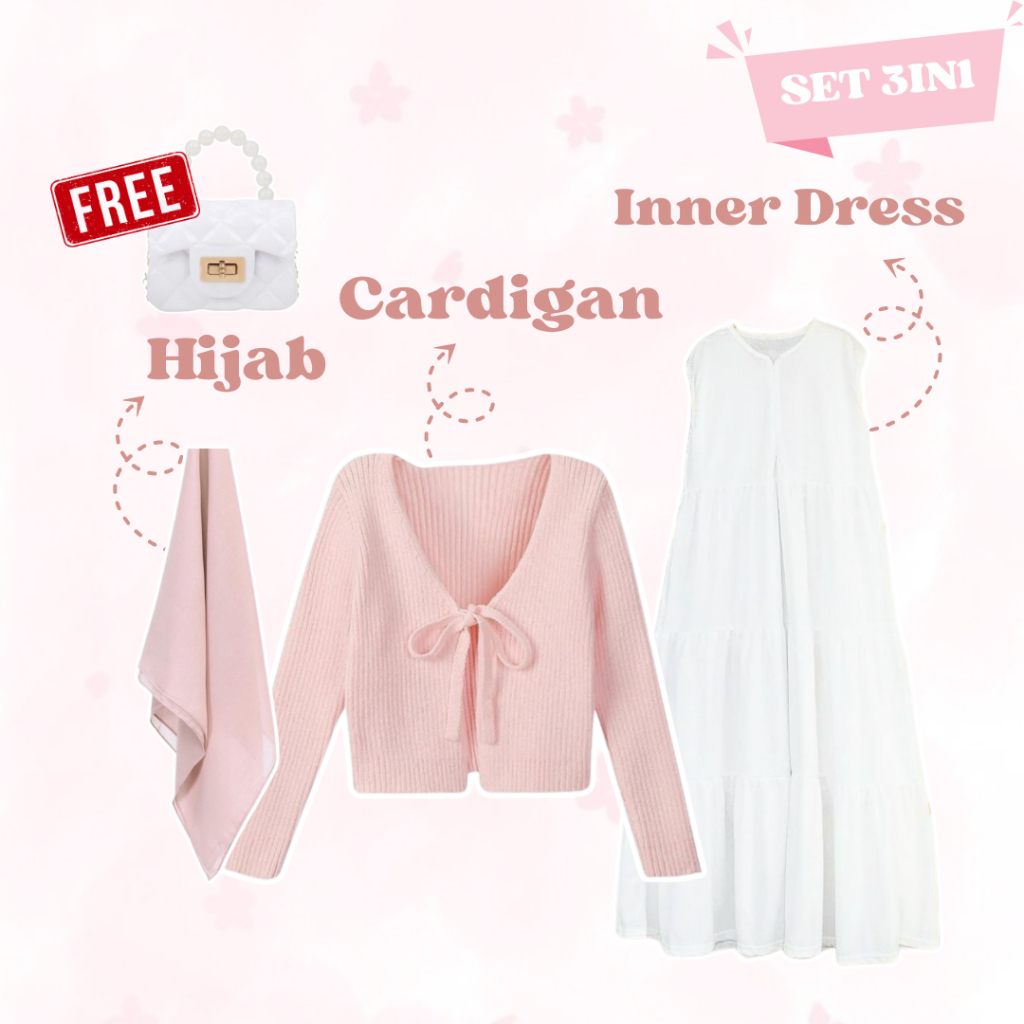 DISKON ONE SET WANITA HIJAB (CARDIGAN RAJUT PINK + INNER DRESS SUSUN PUTIH + HIJAB SOFT PINK + TAS)