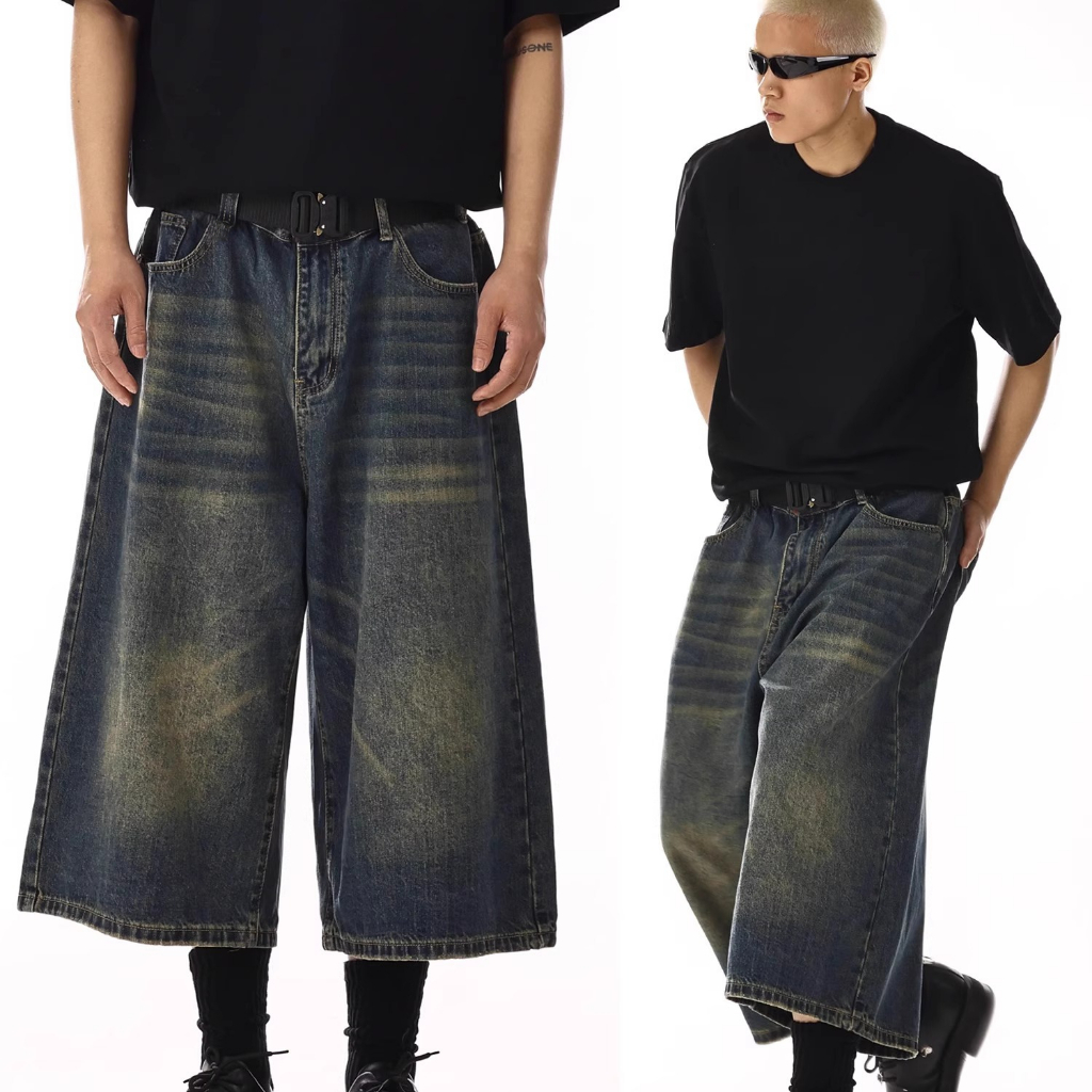Baggy Denim Celana Pendek Jeans Pria Casual   Kulot Korean Style Straight Celana 7/8 Biru Retro