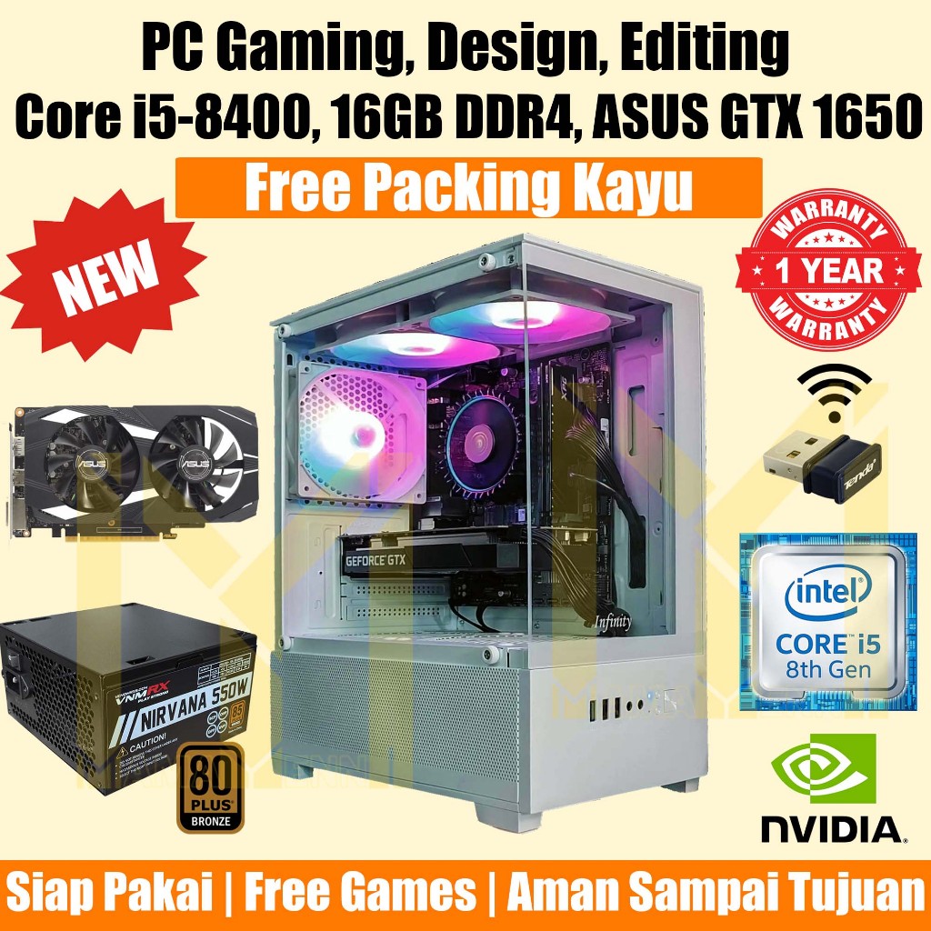 PC Gaming Core i5 8400 16GB DDR4 ASUS GTX 1650 /Komputer/CPU Rakitan Gen 8 Editing/Desain i5-8400