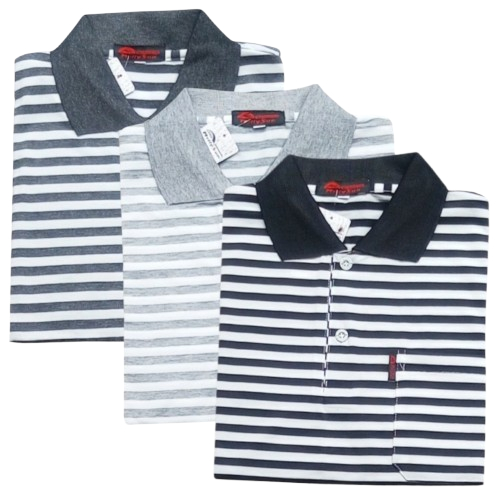 Paket 3 pcs Kaos Kerah Pria Berkantong Motif Salur Garis Garis Ukuran M  L XL XXL