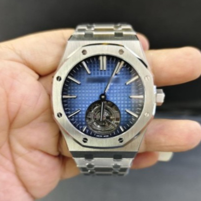 JAM TANGAN AUPIGE ROYAL OAK INSPIRED BLUE WAFFLE DIAL 41MM FLYING TOURBILLON SILVER CHAIN EXTRA THIN