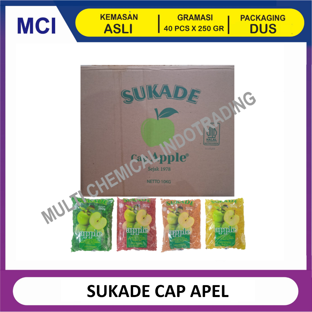 

SUKADE CAP APPLE / MANISAN BUAH KERING ANEKA WARNA / HIASAN KUE 250 GR - 1 CTN 40 PCS WARNA MIX CAMPUR