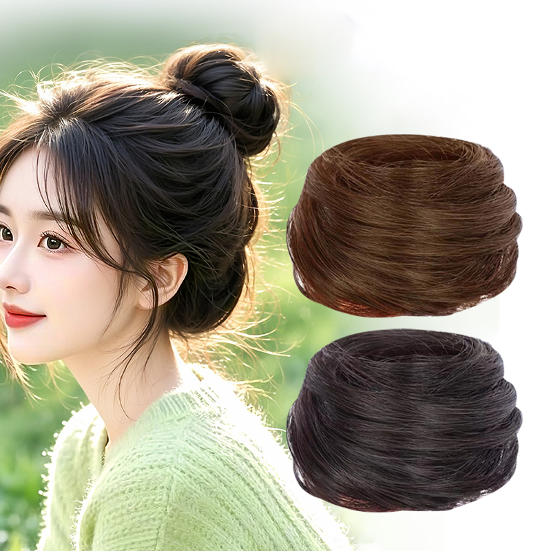 Fun Bun Korea Cepol Ikat Rambut Wig Rambut Sanggul Bulat Wanita Sanggul Lurus Palsu Bervolume
