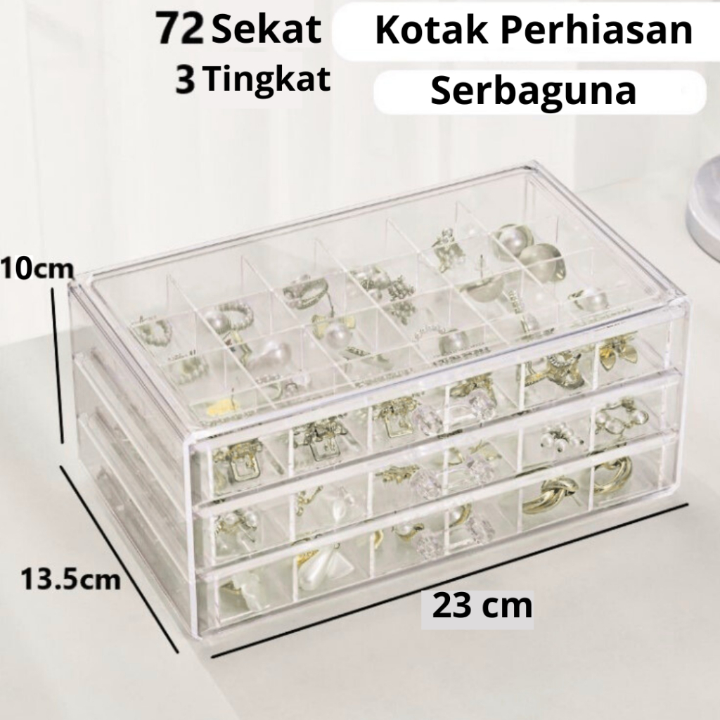 Kotak Penyimpanan Perhiasan Serbaguna 3 Susun 72 Sekat Akrilik Transparan / Display Cincin Kalung Ak
